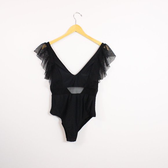 *Shein Black Contrast Mesh Ruffle One Piece Swimsuit - Picture 7 of 12